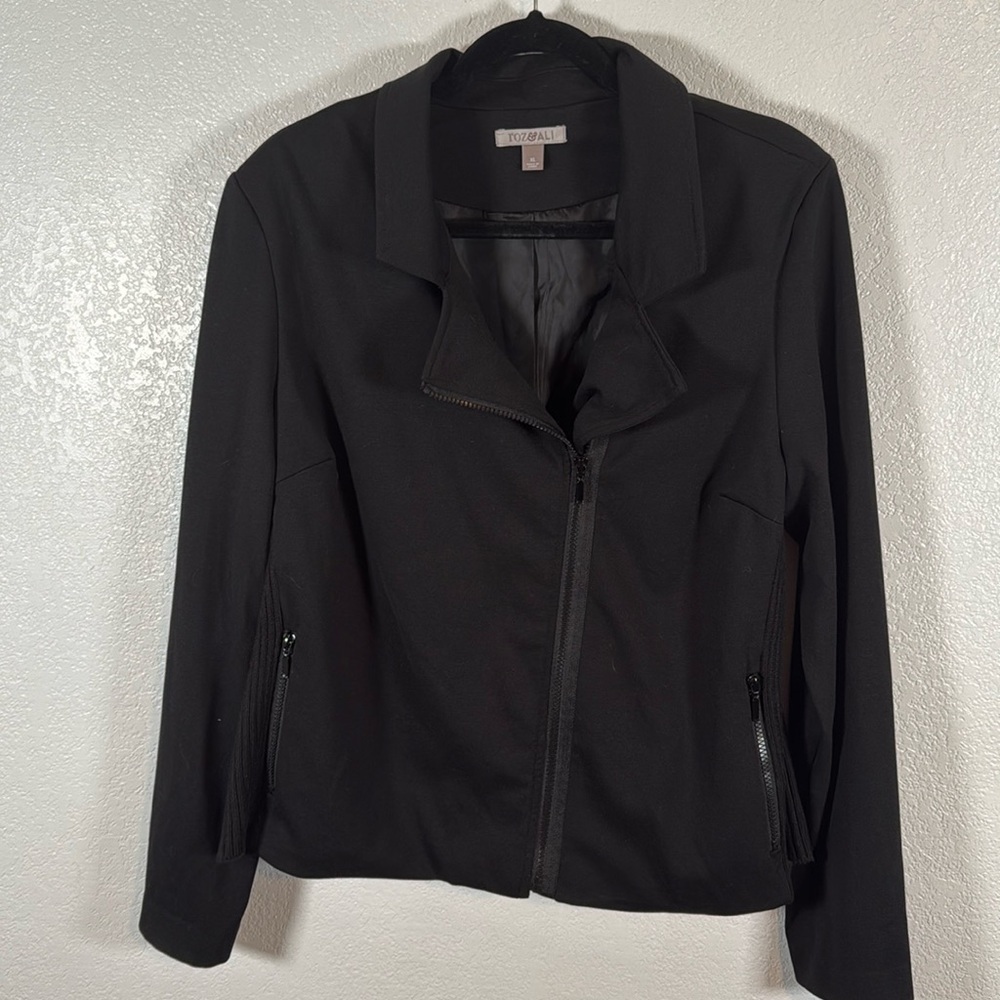 Roz & Ali Black Soft Stretchy Moto Jacket Blazer Knit Sides Size XL
